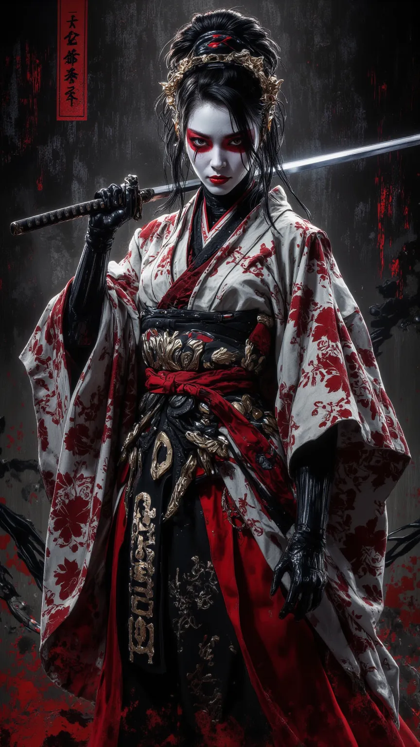  A Sexy Threatening Geisha Samurai, Terrible, Stand D &#39;,  digital painting ,  Japanese, Terrible艺伎妆容 