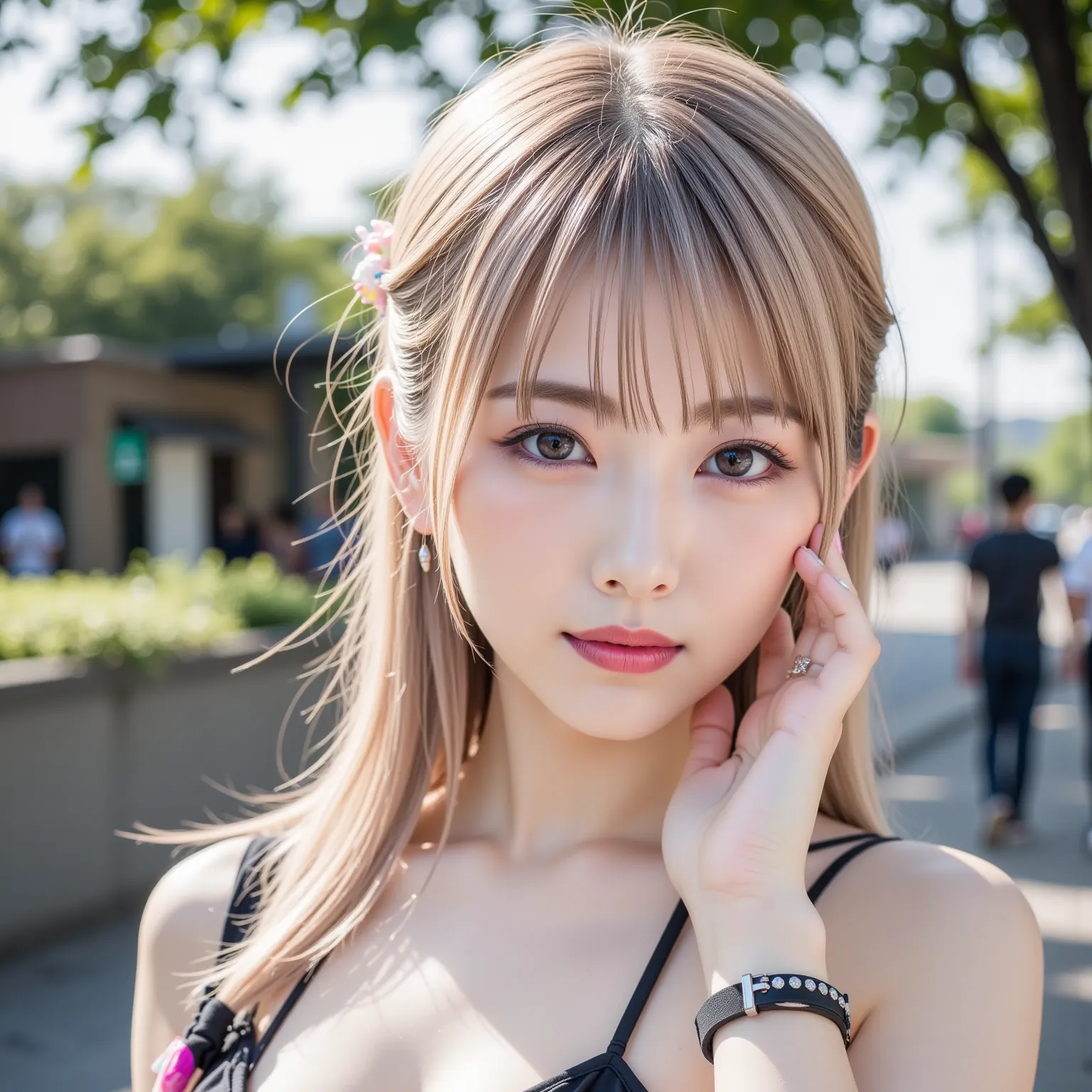 ((8K wallpaper)),((blond hair)),((side ponytail)),((big breasts,Big Breasts)),((Dark pink eyeshadow and dark bright red lipstick)),(( beautiful Japanese girl)),((Intelligent Glasses)),((street corner background )),((colorful manicure for nails)),((earrings...