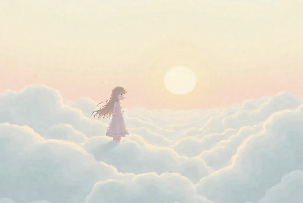 A minimalist, stylized scene set in a vast desert of clouds, with soft, flowing clouds stretching endlessly like an ocean. The background features a smooth gradient of pastel hues from the sunset, creating a dreamy, surreal atmosphere. A beautiful girl sta...