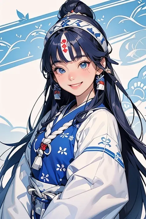  Ainu queen 、cute、Details、 Ainu pattern  clothes、White and blue clothes、 Ainu pattern 、 spears、 Ainu art 、((beautiful eyes)).((Smile with some teeth showing)).