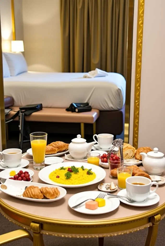 The image shows a luxurious breakfast served in an upscale hotel room. The table is elegantly set with fine dishes and a meal consisting of saffron risotto, bread, fruit, croissants and other delicacies, accompanied by juice and coffee. In the background, ...