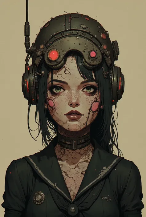 Background pastel colors，is sitting,dynamic，(The vertical half of the face is made with a complicated machine and is exposed)，I have long bangs,cyberpunk digital with incitement shooting ，High School Girls (10th generation women,I'm on my knees wearing a b...