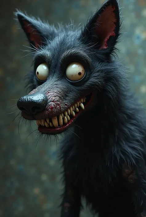 Make a creepy realistic horror scene with this cartoon wolf; 

Cartoon Wolf is a grotesque, animated entity resembling a classic 1930s rubber hose-style cartoon character. It stands at approximately 7 feet (2.1 meters) tall when fully upright, but it often...