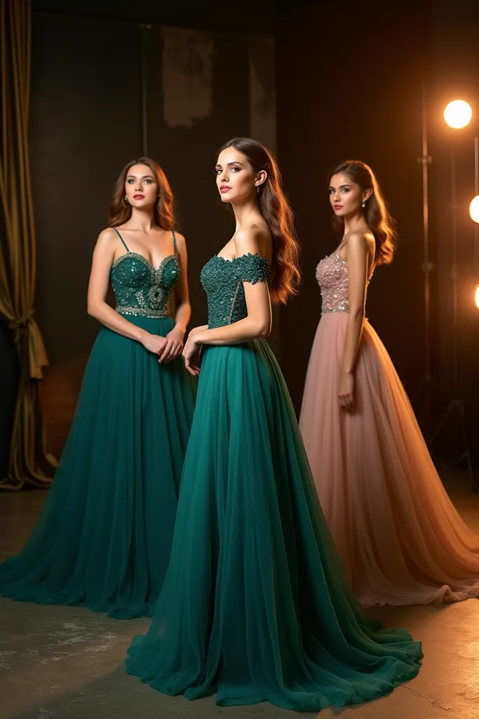 "A high-fashion professional photography shoot featuring elegant prom dresses in a luxurious studio setting. The models wear stunning, trendsetting gowns with intricate details such as sequins, embroidery, and flowing chiffon. The color palette includes de...