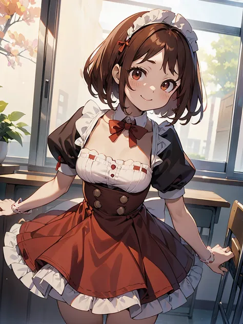 Reishi Ochiko, medium breasts, ((MAID DRESS)), (((Chest))), of pussy slouches forward, Suggestive smile , ((close-up)), classroom, brown hair