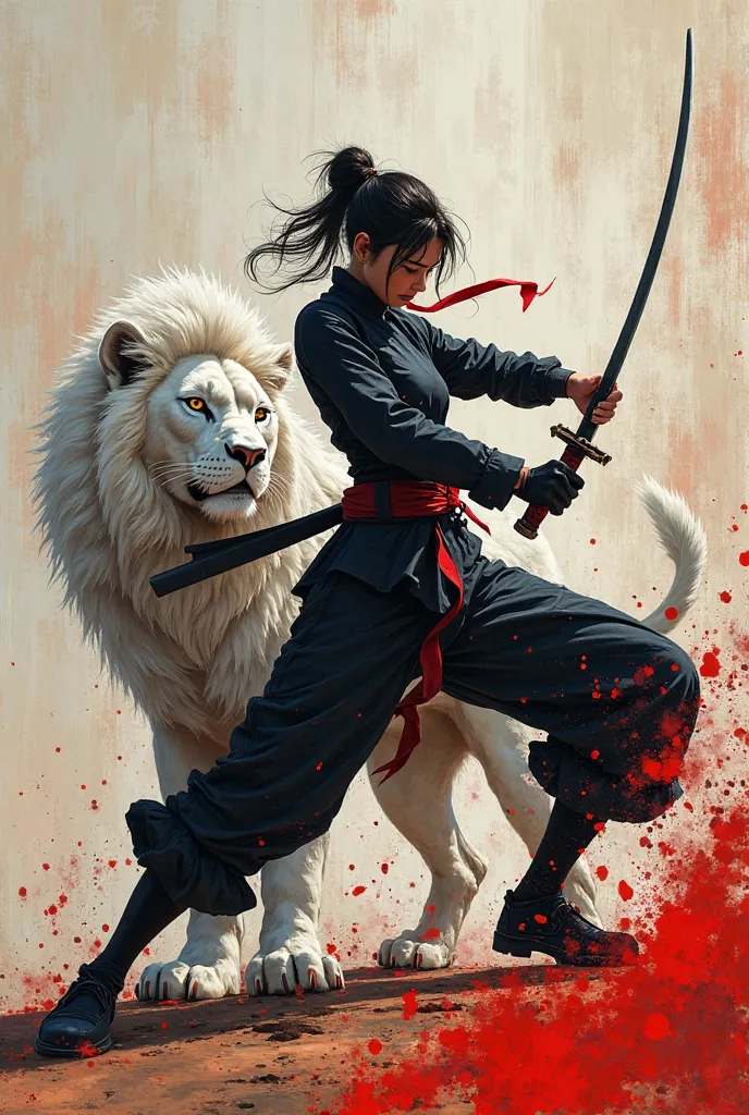 modern painting, Asian female ninja in attack position, with a white lion on the side