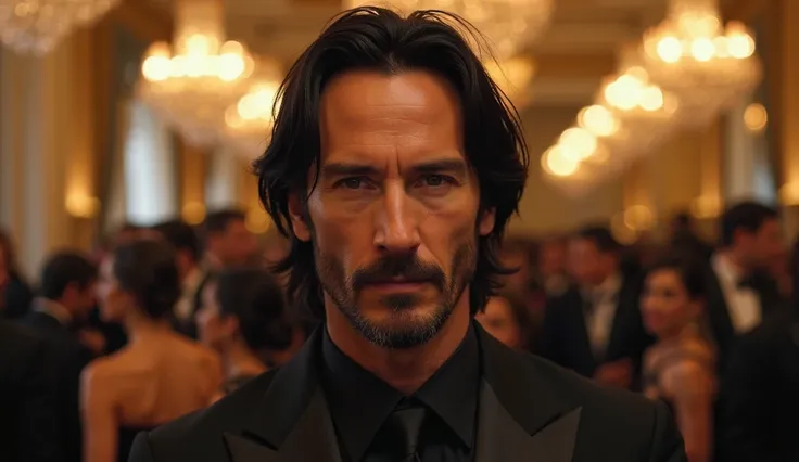 Ultra-realistic cinematic close-up portrait of Keanu Reeves at a luxurious gala or high-profile event. He has shoulder-length black hair, slightly wavy, and a well-groomed beard. His expression is calm, serious, and contemplative, with deep, soulful eyes. ...