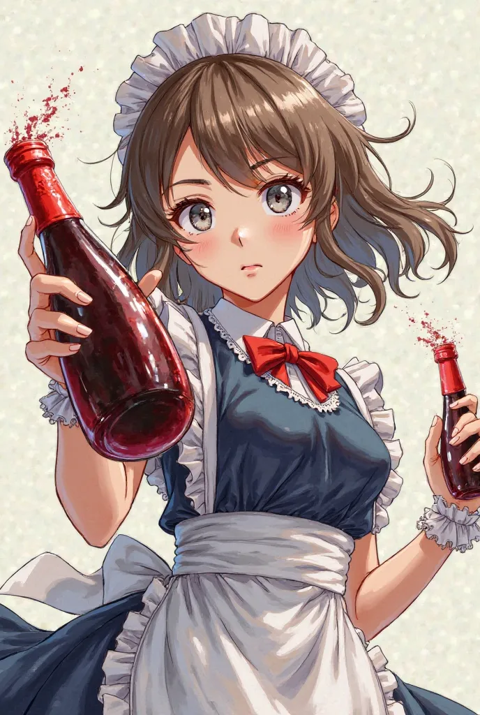 Japanese anime watercolor style. From below. Full body. A wine bottle with the bottom half completely broken. A murderous look in the eyes. A female maid holds the broken wine bottle in her hand and attacks by stabbing the broken part. A detailed look at t...