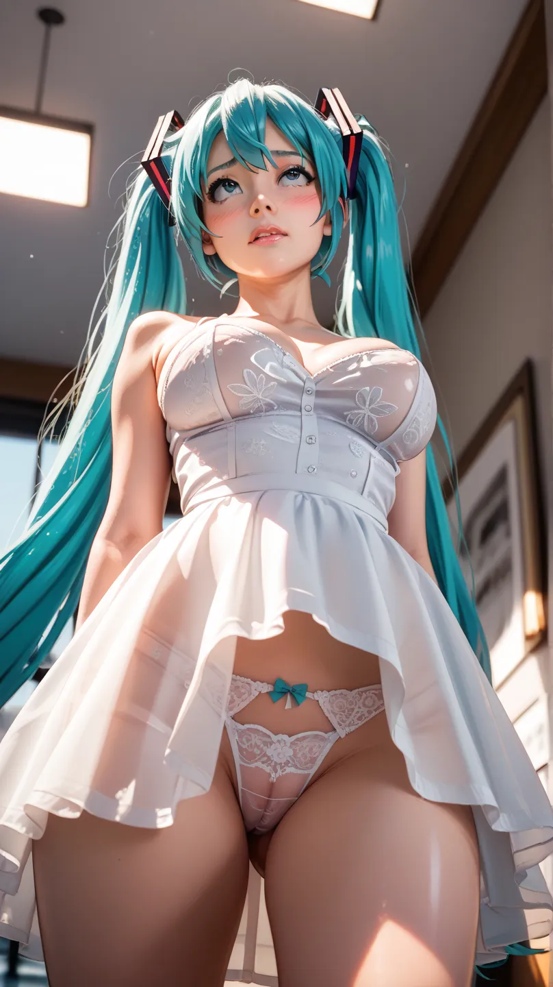 best image quality,Hatsune Miku,1 person,Sheer White Dress,miniskirt,Stripes々panties,Big Breasts,angle looking up from below,embarrassed expression, real ,realistic,4K,HDR,Ultra fine,Studio Lighting,フォト real , bokeh effects ,grace,Delicate Color,Light Tone...