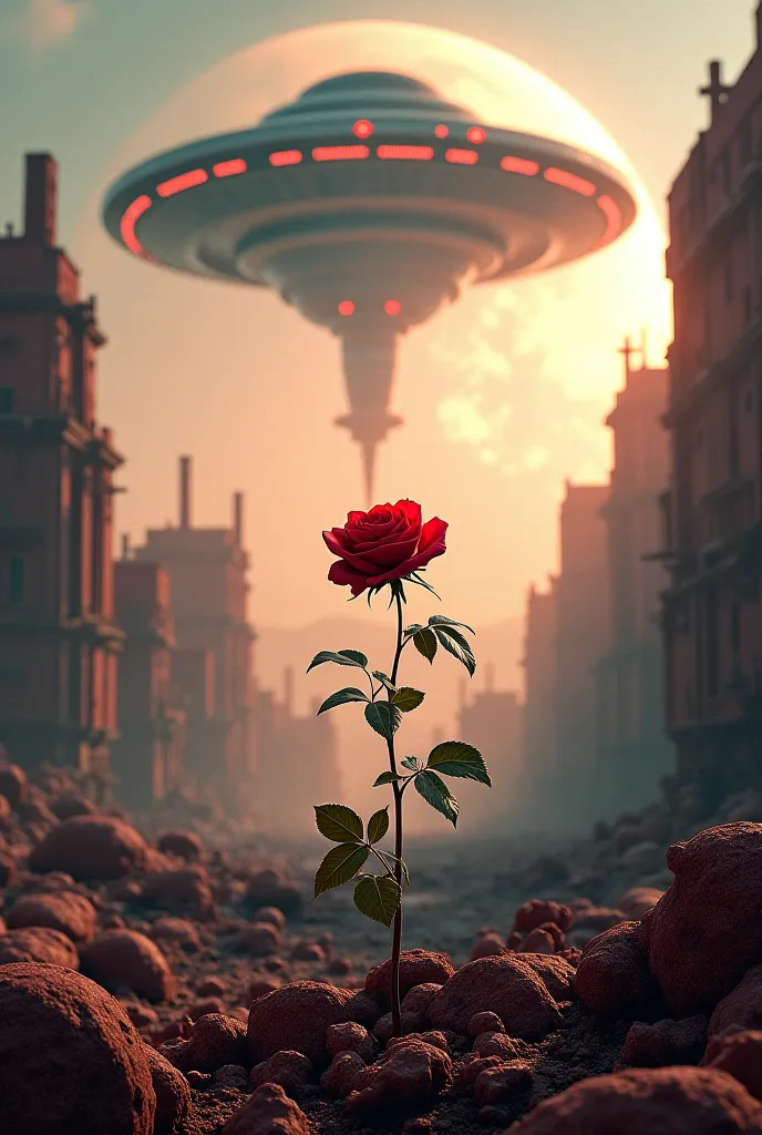 Destroyed city on the background of the planet venus, in the background UFO ship and the growth of the rose on the buildings 