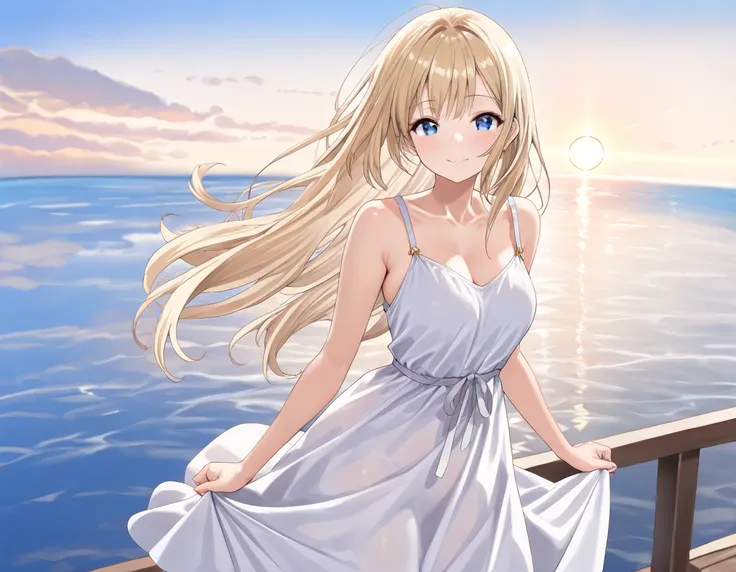 ((((masterpiece)))), ((((best quality)))), Hi-Res,fine grain,detailed face, 「standing beside the ocean、beautiful blonde woman in a flowing white dress。the sea breeze gently lifts her hair、The sun's light is reflected in the waves、creates a peaceful, dreamy...