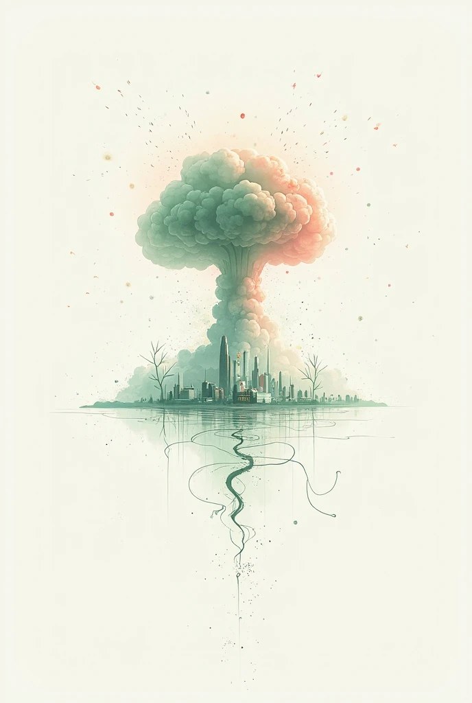  A cover of a musical album . Make it a white background with light green and pink details. On the cover there must be a drawing of an atomic bomb 