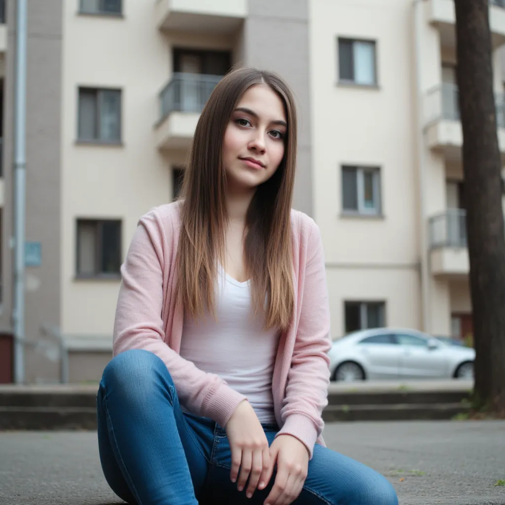 woman sitting on the stairs. Has a pink sweater on.a pair of jeans and sneakers ,  style photorealistic , ,  sharp focus, Background apartment blocks , daylight,  full body