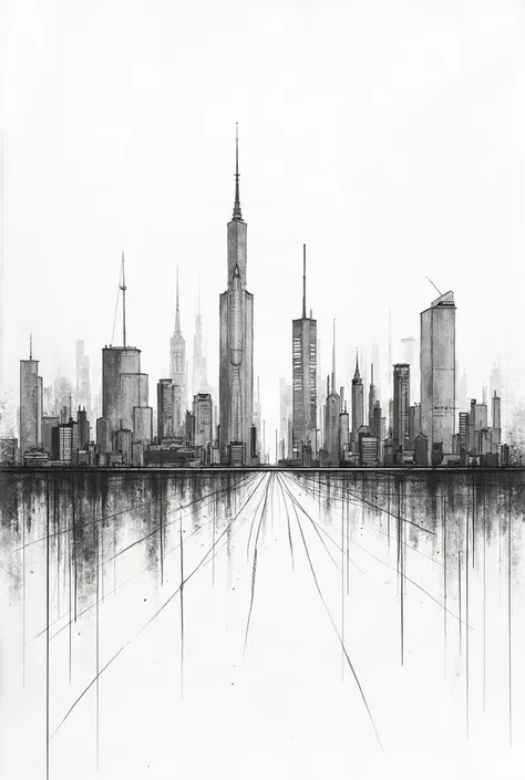 A black and white image of a city in horizontal drawing 