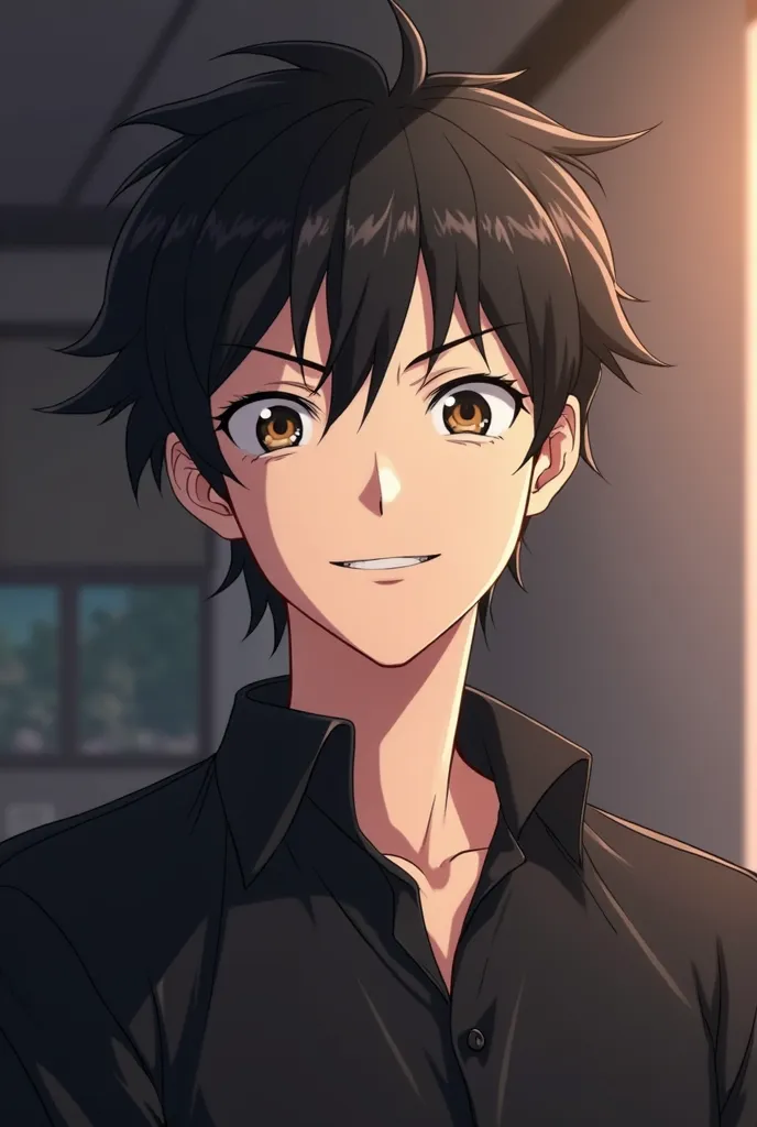 anime image of a man with black hair and a black shirt, today's featured anime still, smug grin, smiling but has a temper, persona 5 style, very slightly smiling, persona 5, he is smiling, roguish smirk, giddy smirk, grinning lasciviously, sly smile, choke...