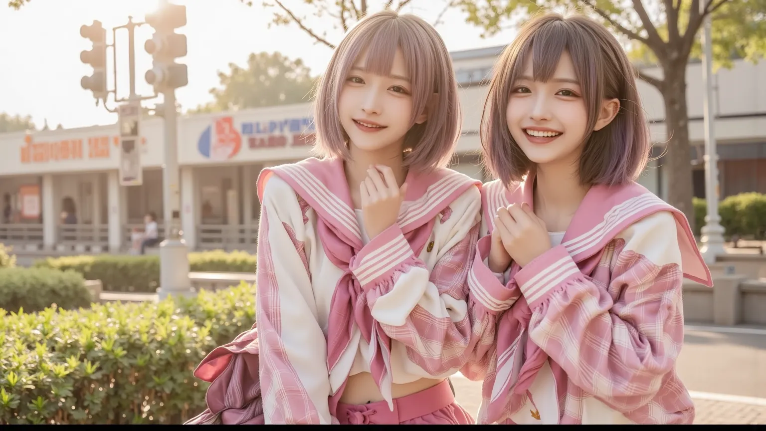 Two high school girls wearing sailor suits、walking to school together、chatting and laughing、morning fresh air、Asahi、friendly and happy atmosphere、 on her way to school、anime style、super image quality