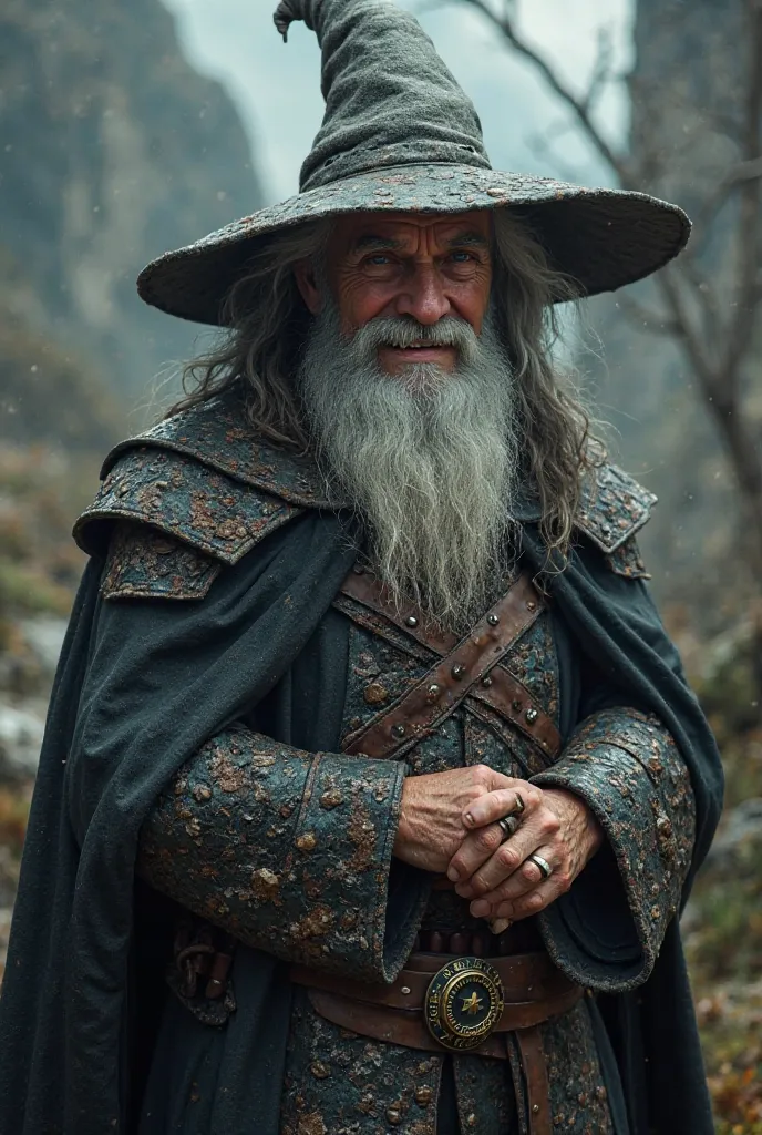 Gandalf Grey, wearing your, hat wearing witcher armor, with the witcher amulet around his neck,  Lots of Details , Ultra realism, Smiles