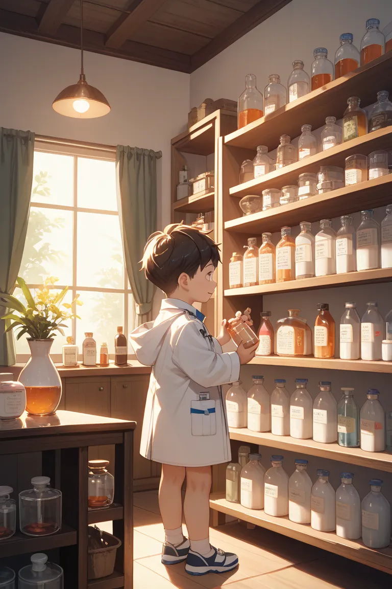 Boy wearing a white coat and holding medicine