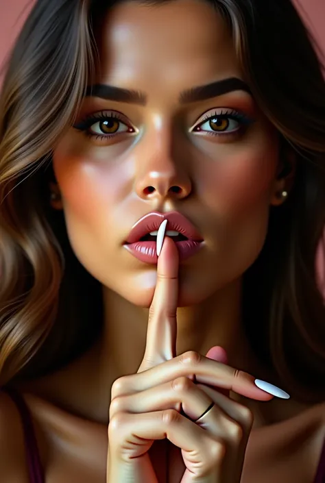 an attractive woman portrait from the chest up so you can see her hands, with white acrylic nails, with her soft handed index finger pressed vertically on the top center of her pouted lips doing a "shushing" gesture, while pouting her lips as if to say "sh...