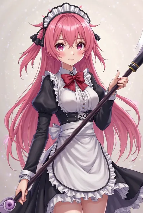  A anime lady who has pink hair and a “deadly” scythe , and is in a uniform for a maid but a respectful one. She also wears glaces and has a bow on her neck and has an attractive body but not overly big attarctive body
