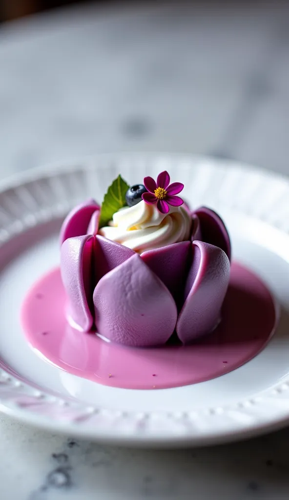 Hgraphic elements, Dynamic Light, Cinematics, HDR, UHD, professional PHOTOGRAPH OF:

  Elegant Minimalism 
"Design a sleek, minimalist presentation featuring a single Purple Sweet Potato Cream Roll on a textured white plate. Drizzle a vibrant berry coulis ...