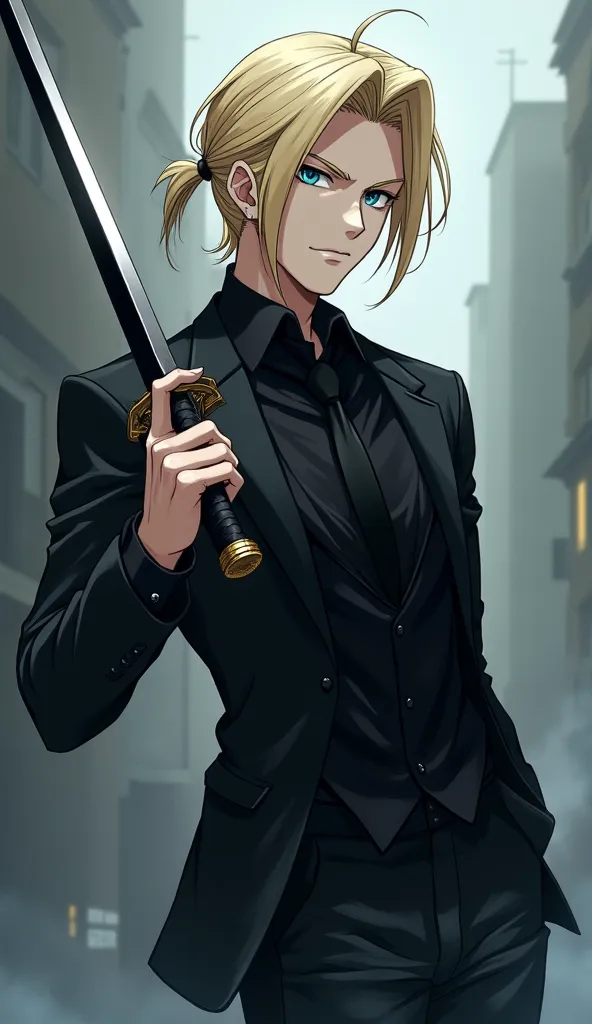 blue eyes, Anjelical blonde hair, smoke (anime),  determined, Contempt/anger/Revenge, Ninja from a murderous clan seeking revenge, athletic body,Main anime character: a male between 20 and 25 years old, White ,  Brasileiro, holding the sword of Saint Micha...