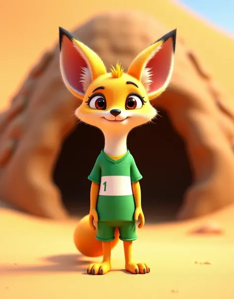 {
  "prompt": "A cute and expressive fennec fox standing proudly in front of its desert burrow. The fox is wearing a green and white sports jersey, adding a playful and sporty touch to its natural desert environment. Its large ears are perked up, and its e...