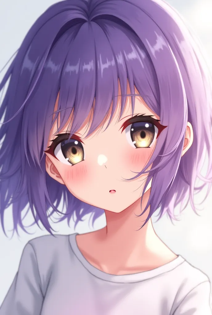 A Japanese anime girl with 1.64 height, purple hair with bangs, sweet jet black olive eyes.