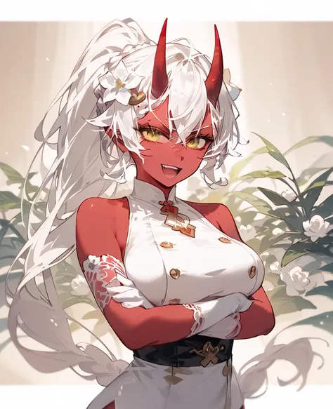 girl,Red skin ,in yellow eyes, white hair, Sleeveless Topสีขาว, white kimono, Sleeveless Top,There is a red horn, long hair, ponytail, Tomboy,Pointed eyes ,Fierce face,Villains,White Flower Hair Ornament,White Carpet Gloves,Lace gloves,mafia,smile,Big Bust...