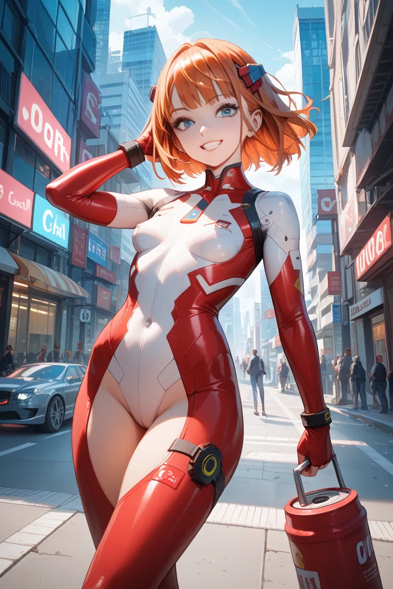 best quality, masterpiece, Futuristic city with neon wash and cyberpunk atmosphere,
1girl,center, ginger hair, Shoulder Length bob Hair Types,Blue Eyes, white Skinned Female, white face, Archaic smile, slender, high-tech aesthetics,shine red glossy latex b...