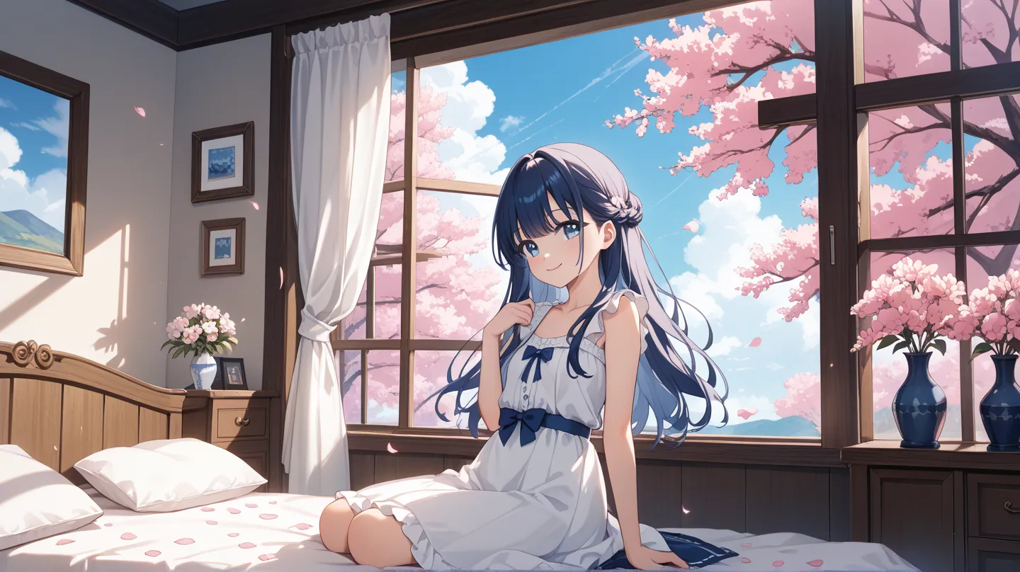 "Room with soft morning sunlight shining through the window、The moment a girl sits on the bed gently opens the curtains。Cherry trees in full bloom and blue sky outside。The girl is in a white dress、Soft shoulder-length hair、kind smile。Small vase in the room...