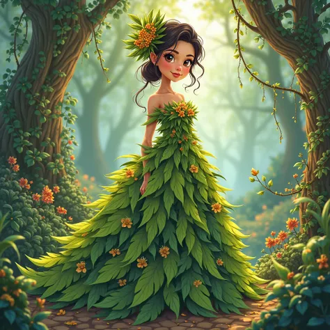 Disney animation style cartoon image/Pixar with High Resolution, Of a woman in a garment made of leaves