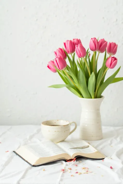 Pink tulips with coffee cup and Bible on table in vertical view on white background