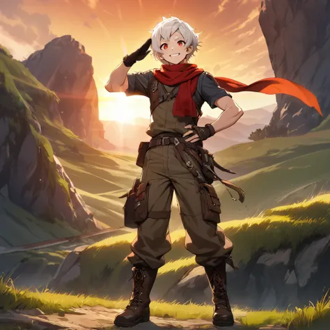 1 young man,a pieceful young man,silky hair,crew cut,short hair,pearlescent white hair,bushy eyebrows,super detailed skin,fair skin,beautiful face,beautiful eyes,double eyelid,crimson red eyes,big smile,salute,standing pose,feet apart,BREAK,wearing goggles...