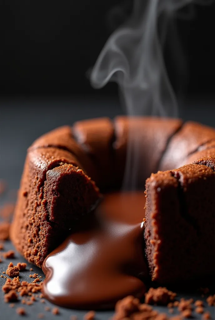 A close-up shot of a rich, molten chocolate lava cake with a perfectly baked outer layer, deep cracks revealing the oozing hot chocolate center, steam rising as it sits on a dark textured surface, warm and moody lighting highlighting the glossy chocolate t...