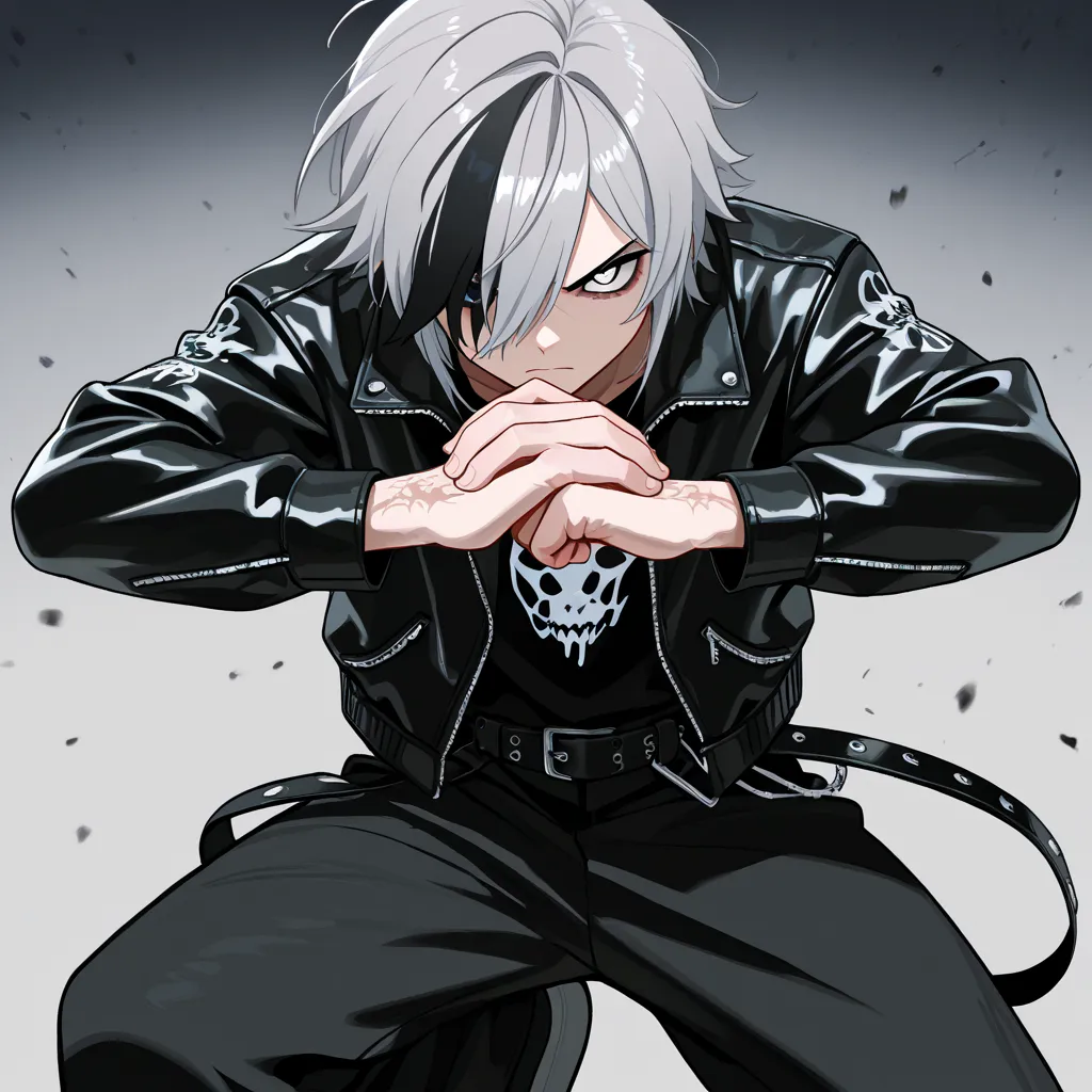 (masterpiece), best quality, newest, absurdres, highres, perfect anatomy, 1boy, artist: (PurpleStar108), {{{solo}}}, strong body, black leather jacket, baggy pants, emo details, grey hair, hair covering one eye, heterochromatic eyes, one black eye with a w...