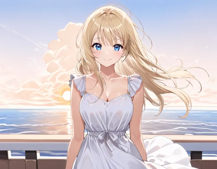 ((((masterpiece)))), ((((best quality)))), Hi-Res,fine grain,detailed face, 「standing beside the ocean、beautiful blonde woman in a flowing white dress。the sea breeze gently lifts her hair、The sun's light is reflected in the waves、creates a peaceful, dreamy...