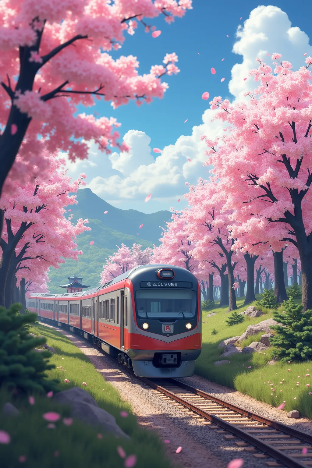 Various colored cherry blossoms blooming, Japanese countryside, train passing through, calming atmosphere, ultra-realistic