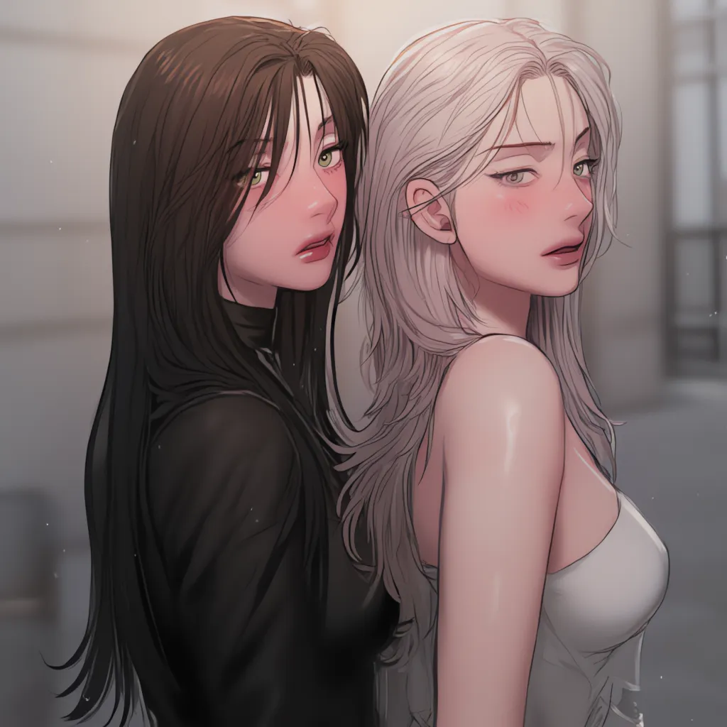 A tall girl with black straight hair and black clothes and green eyes and a girl below with blond straight hair and blue eyes
