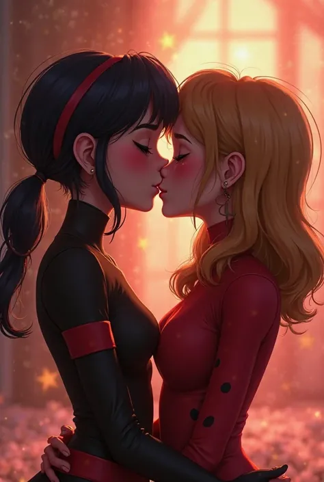 Zoe lee and Sabrina from miraculous ladybug season 6 sharing a kiss