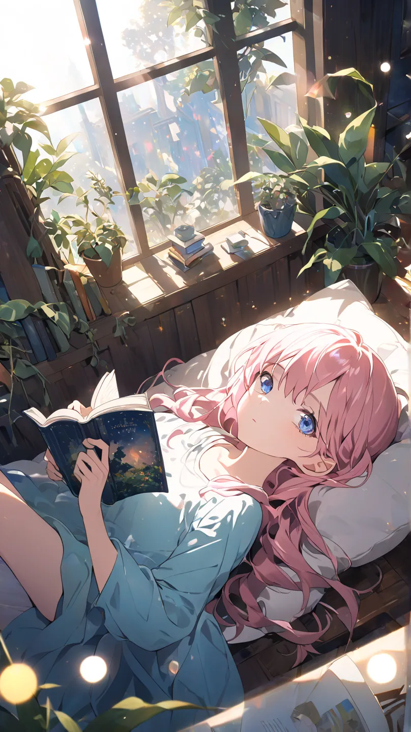 1 girl crouching, room、houseplants、curtains、Read a book while lying on your back、blue eyes, pink hair、from above、Dutch Angle, glitter effect, lens flare, 