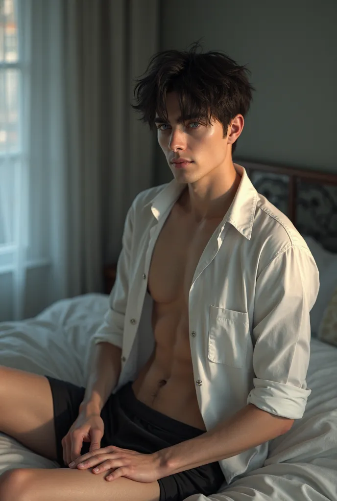 A white man , to 3, Model type, with short, dark hair, with blue eyes, wearing a full white shirt and black boxer shorts, Aside, regardant la caméra et dans une chambre à coucher