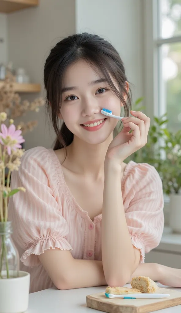  cute woman　20 years old　I have a toothbrush