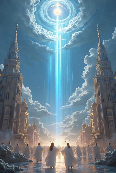 Generate the image of paradise with the holy city New Jerusalem temples holy people walking on the streets of paradise with lights rising from the sky and spiral-shaped clouds blinding blue white lights