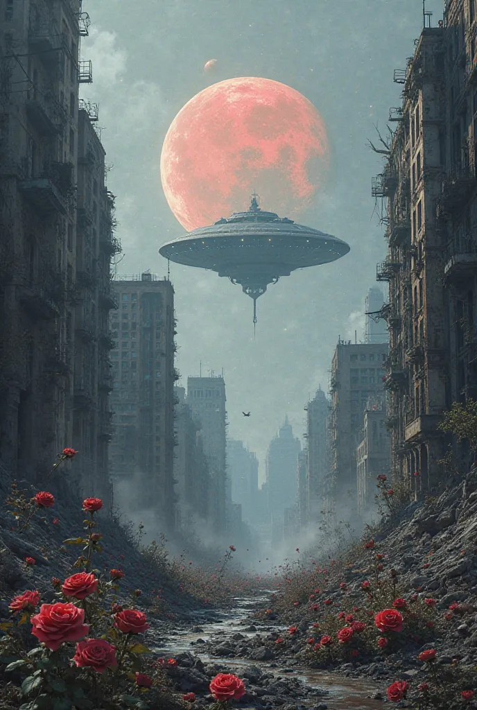 Destroyed city, on buildings you can see rose shoots on the background of Venus and see the UFO ship