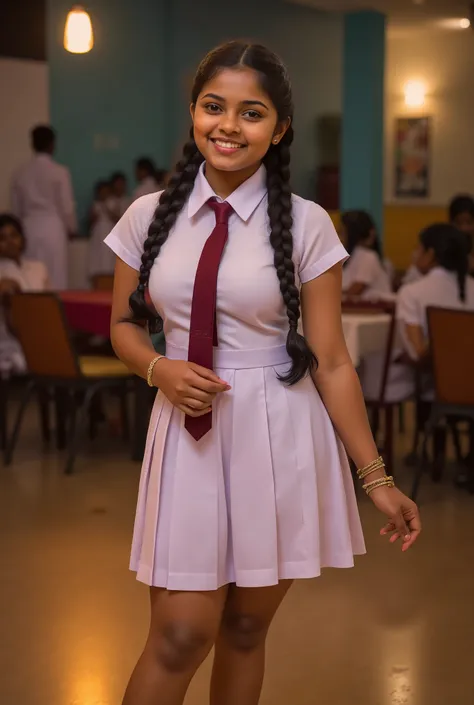 portrait of a beautiful cute young  school girl, Sri Lanka ,She has plaits, black braided long hair, correct anatomy of other body parts, large chest size , wearing detailed white frock short uniform, wearing dark red colored tie , beautiful barefoot , ful...