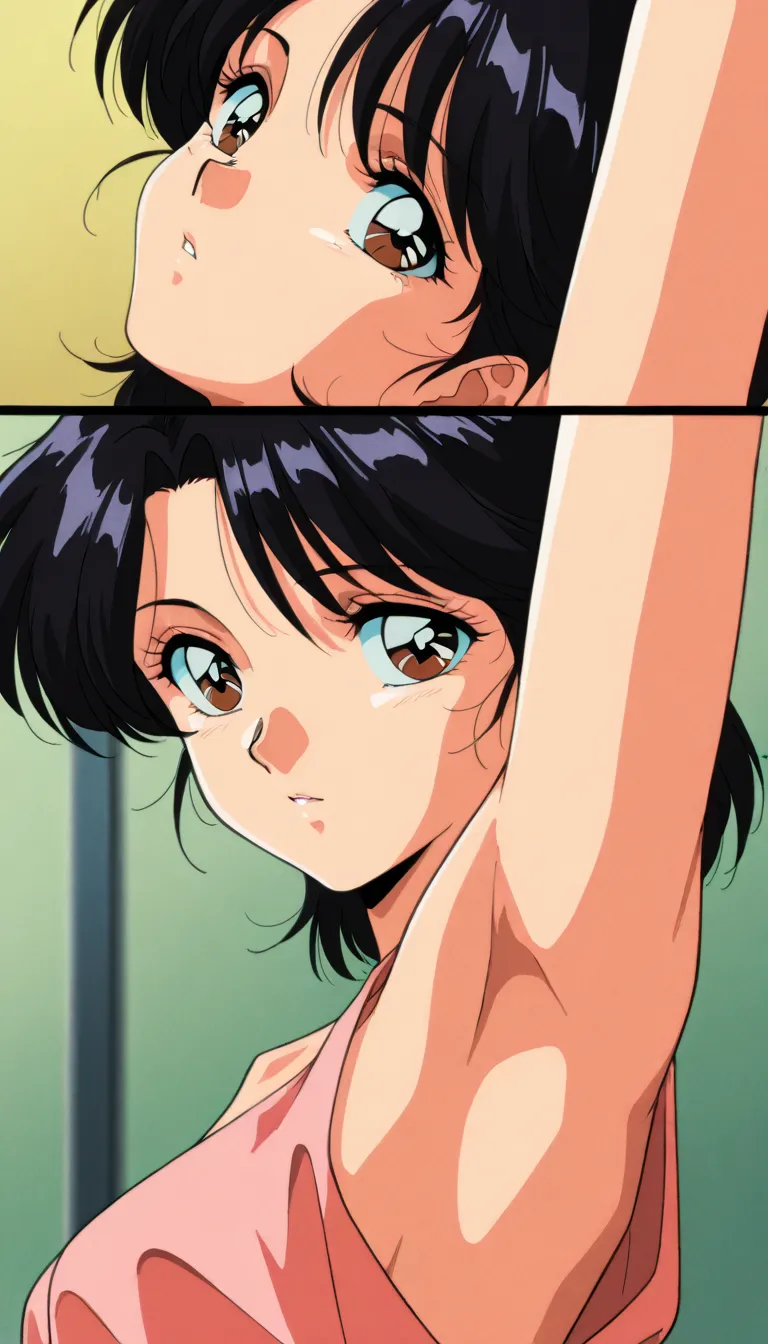  ultra detail,  detailed face ,   detail eyes, Beautiful deer eyes, Masterpiece,  top quality, natsumi, black hair, short hair, brown eyes, retro artstyle, anime coloring, armpits, upper body