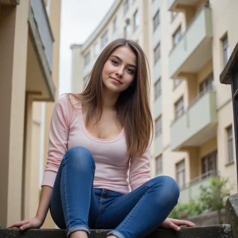 woman sitting on the stairs. Has a pink sweater on.a pair of jeans and sneakers ,  style photorealistic , ,  sharp focus, Background apartment blocks , daylight,  full body