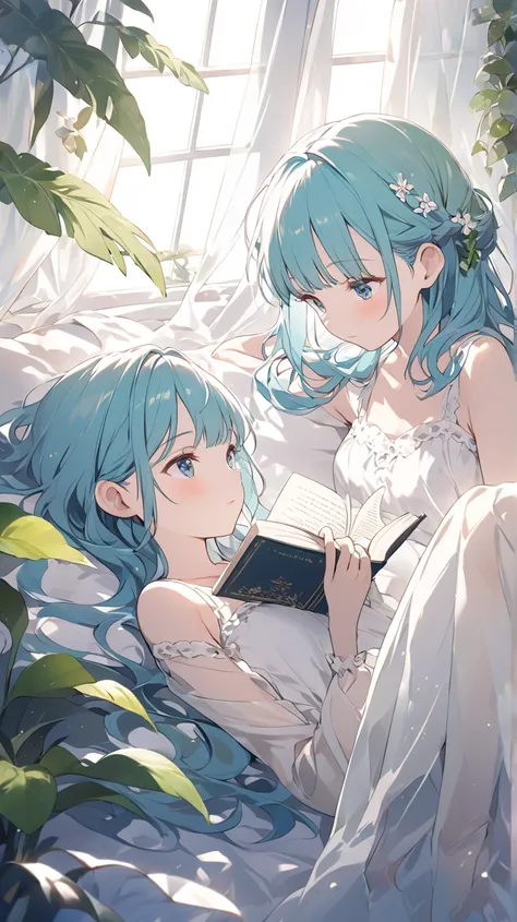 1 girl crouching, room、houseplants、curtains、Read a book while lying on your back、greenい目, green/light blue hair tied at the top、from above、Dutch Angle, glitter effect, lens flare, 