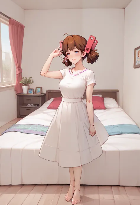  A girl is in the bedroom, joint seam, height 160 cm mechanical lady, skin pigment , she gets ecstasy, very short pigtails, brown hair, Hair tie with two red big red clothespins, mature, android, blue eyes, full body figure, flushed cheeks, 2020s anime pic...